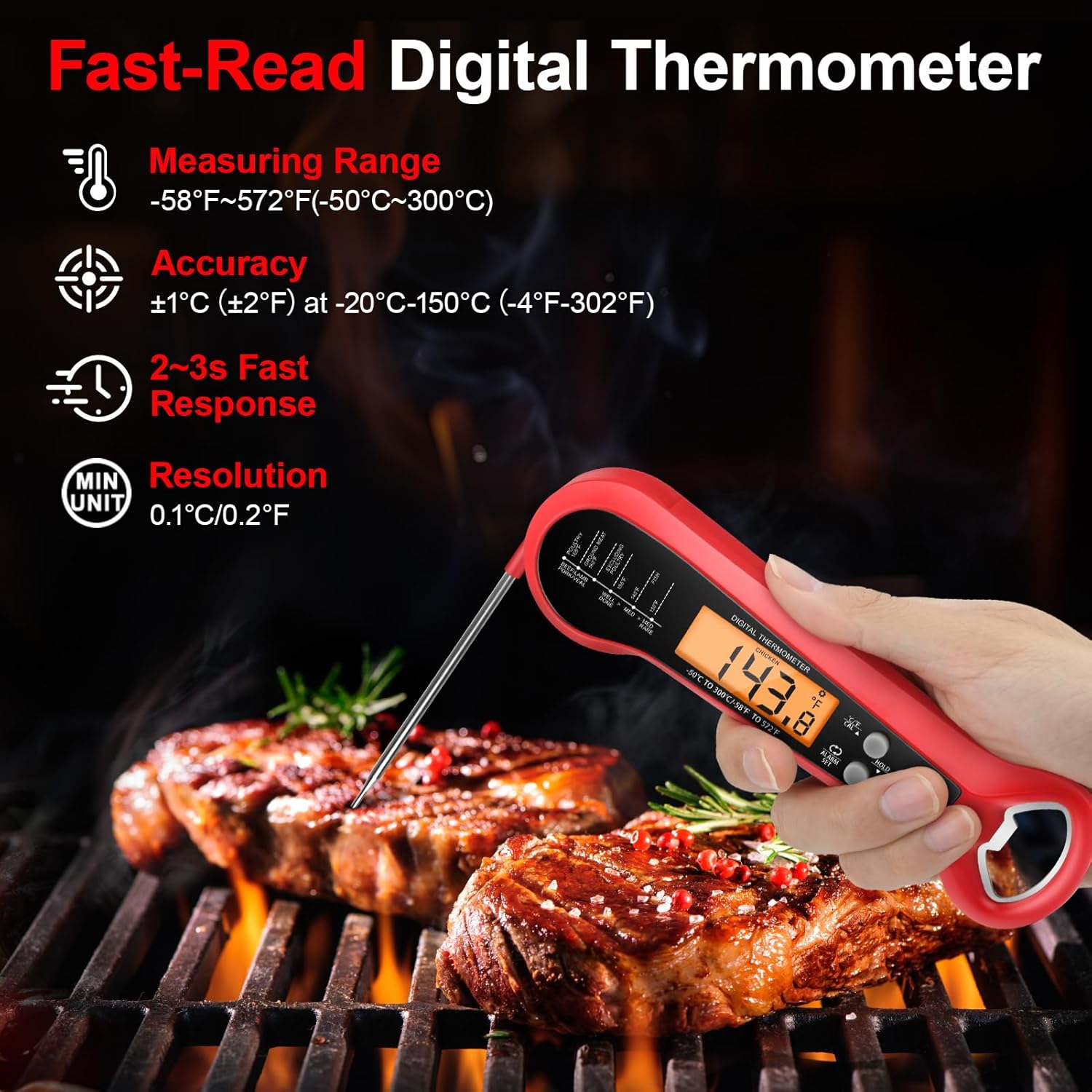 Instant Read Thermometer - Termómetro Digital Profesional para Carne, Impermeable,